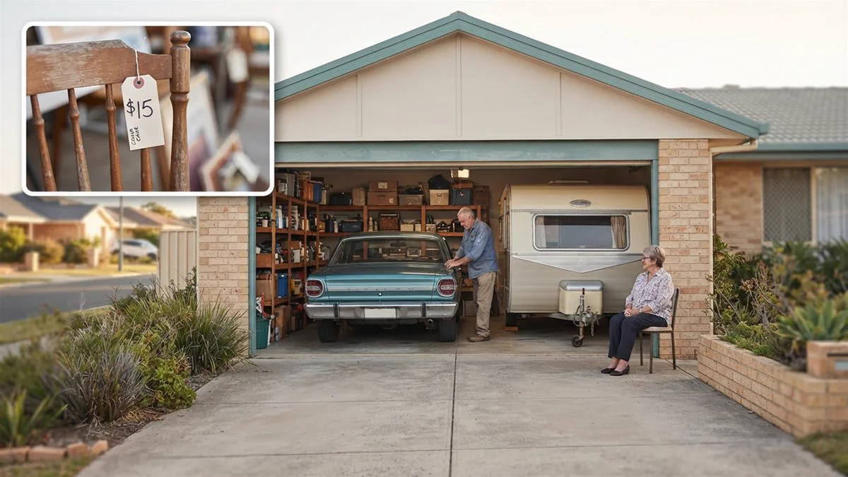 A garage with a car, a caravan and household items, seen from the driveway